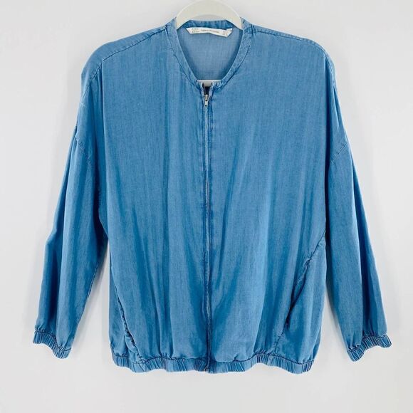 Zara Trafaluc Denim-Wear Chambray Zip Bomber Jacket Size Small - Picture 5 of 13